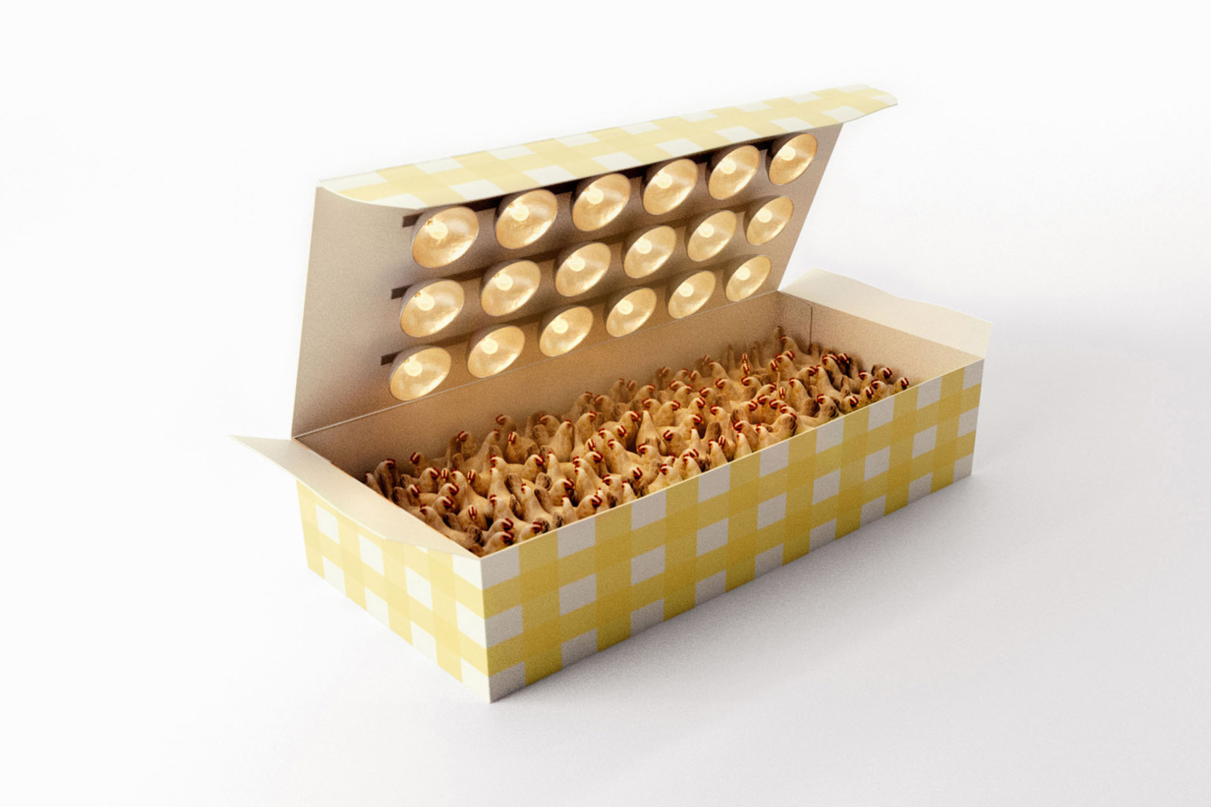Chicken nugget box opened beneath bright industrial lights over densely packed live chickens, World Animal Protection campaign.