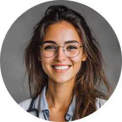 A portrait of a female doctor with glasses in white overcoat