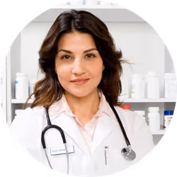 A portrait of a female doctor in white overcoat