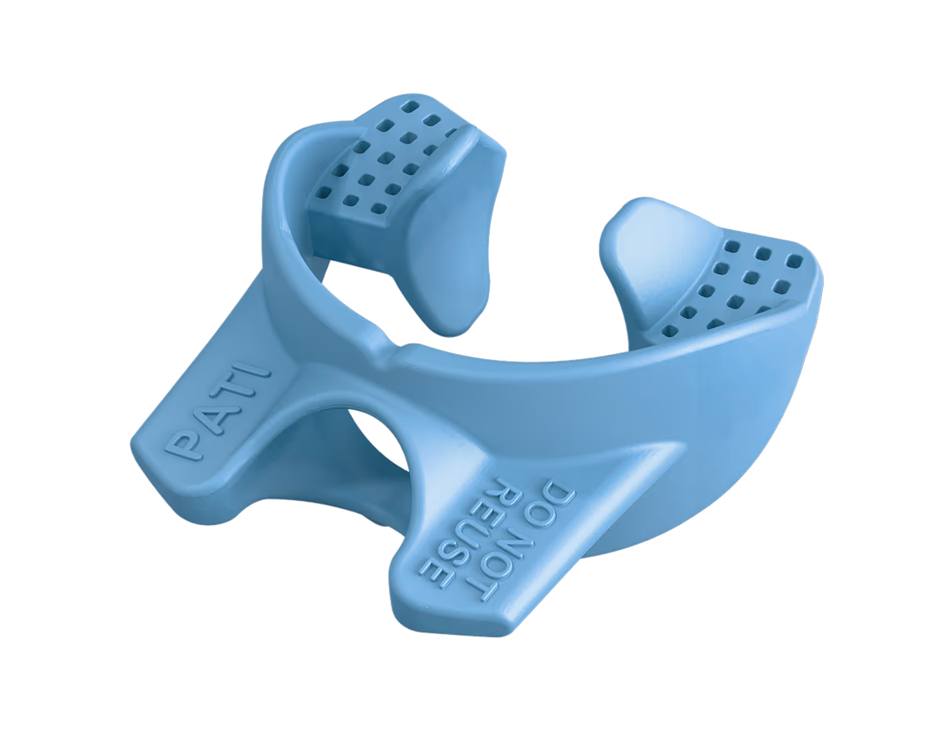 Blue mouthguard with ventilation holes and inscriptions 'PATI' and 'DO NOT REUSE' embossed on the surface.