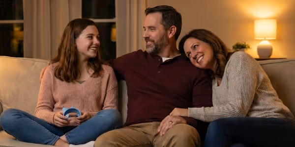 Smiling family sitting together on a couch in a warmly lit living room, with the daughter holding a blue gaming controller.