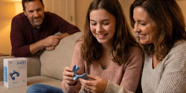 Smiling family sitting on a couch examining a blue dental device with PATI packaging nearby.