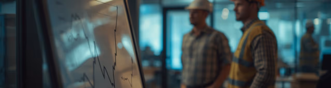 Two constructions workers looking at a whiteboard with graphs.