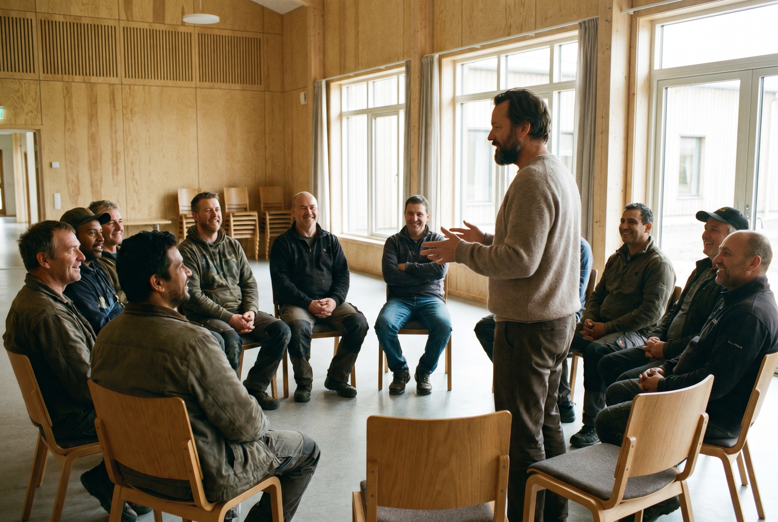 A facilitator speaking with a circle of men at a Talk To Me Foundation community engagement session