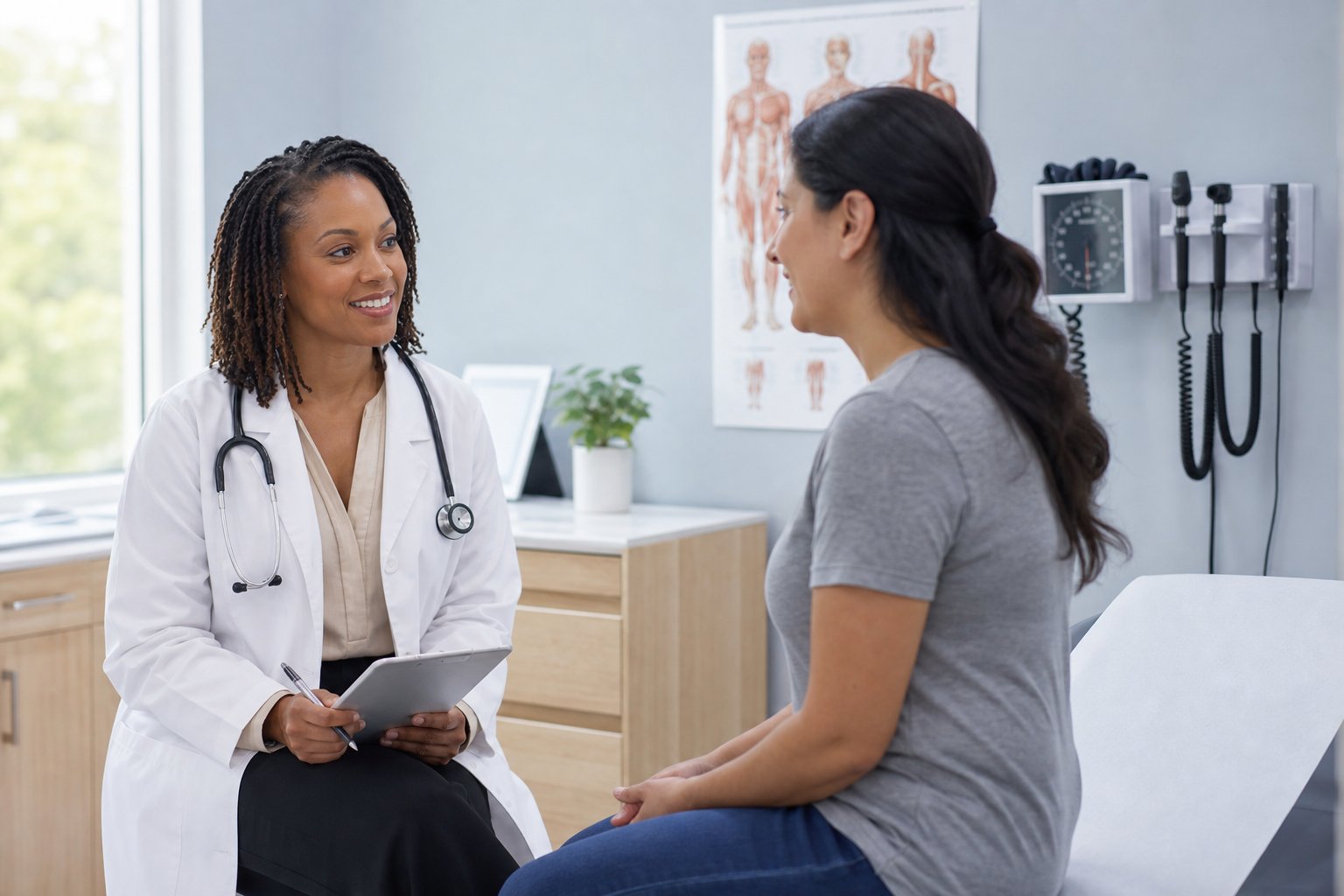 A primary care doctor consults with a patient in a bright medical examination room.