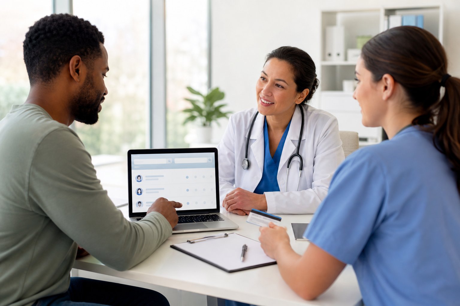 A patient discusses finding an in-network primary care doctor with a physician and clinic staff member.