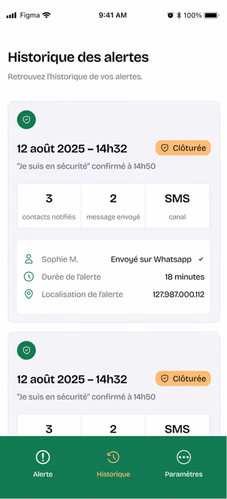 Écran d'historique des alertes montrant une alerte clôturée du 12 août 2025 à 14h32 avec 3 contacts notifiés, 2 messages envoyés par SMS, confirmée à 14h50, durée de l'alerte 18 minutes, et localisation 127.987.000.112.