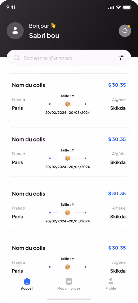 Interface mobile affichant une liste de colis de Paris à Skikda, taille M, avec un prix de 30,35 $ et des dates du 20/02/2024 au 20/05/2024.