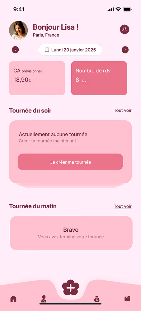 Écran d'accueil d'application en français avec un message de bienvenue à Lisa, affichant le CA prévisionnel de 18,90€ et 8 rendez-vous, sections pour la tournée du soir sans tournée en cours avec bouton pour créer une tournée et la tournée du matin terminée.