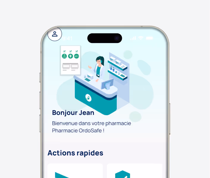 Écran d'accueil d'une application de pharmacie avec un pharmacien derrière un comptoir, texte de bienvenue à Jean et section 'Actions rapides'.