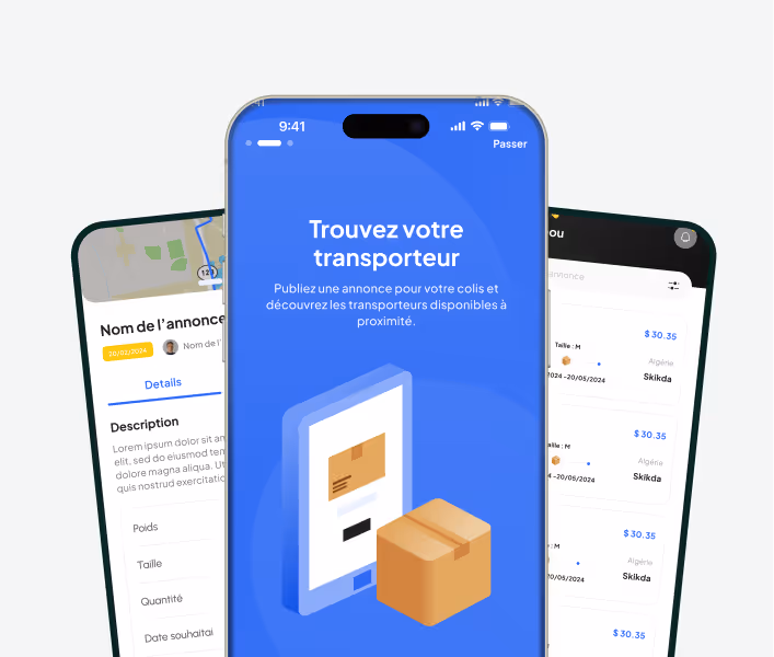 Écran de smartphone affichant une application pour trouver un transporteur, avec une invitation à publier une annonce pour un colis et découvrir les transporteurs proches.