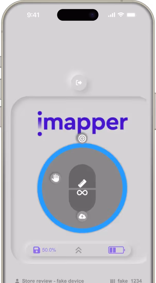 Écran d'application mobile montrant le logo imapper avec une interface circulaire indiquant Vidéo, un indicateur de sauvegarde à 50 % et une icône de batterie.