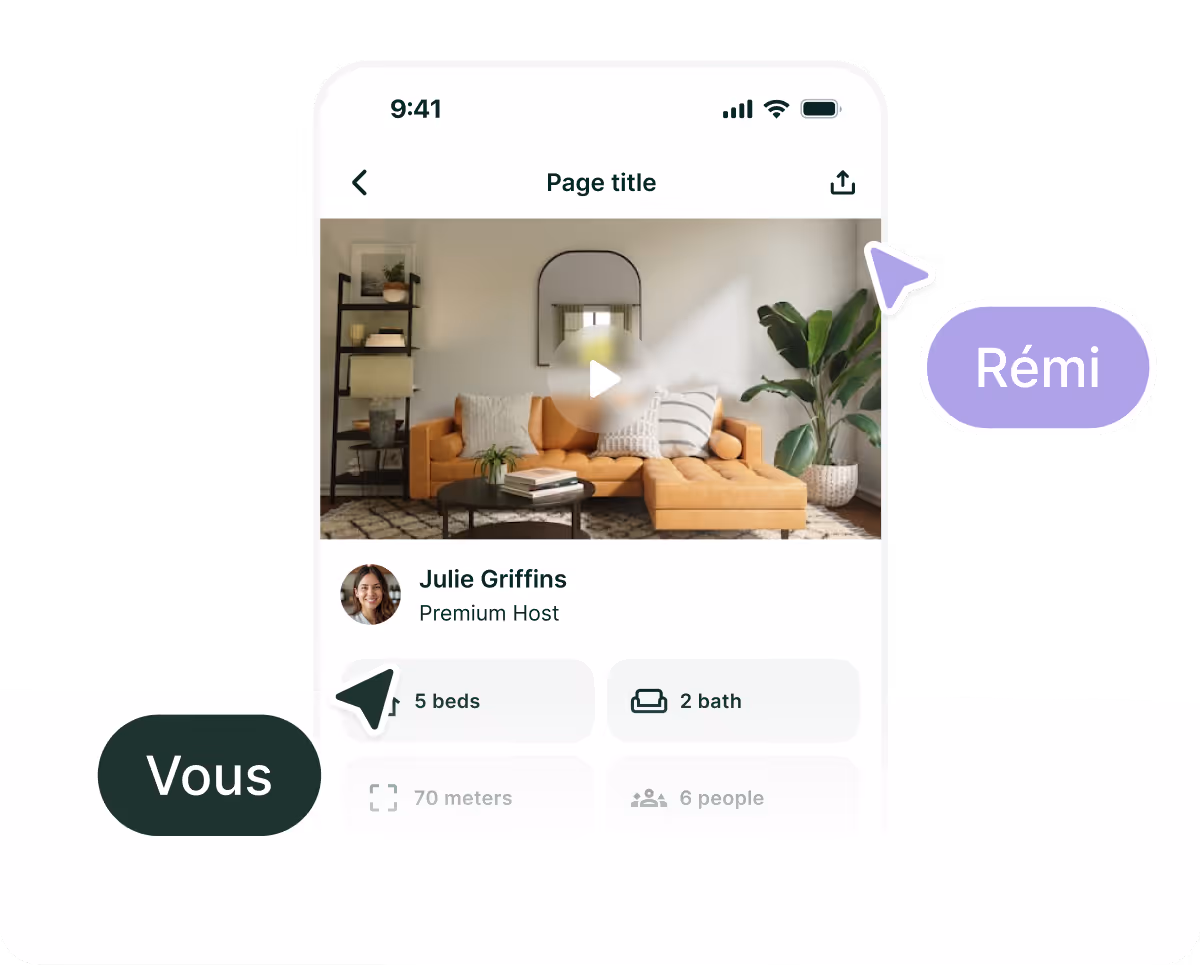 Capture d'écran d'une application montrant une vidéo d'un salon avec un canapé orange, les détails d'hébergement indiquant 5 lits, 2 salles de bain, l'hôte Julie Griffins, et des bulles de dialogue indiquant 'Vous' et 'Rémi'.