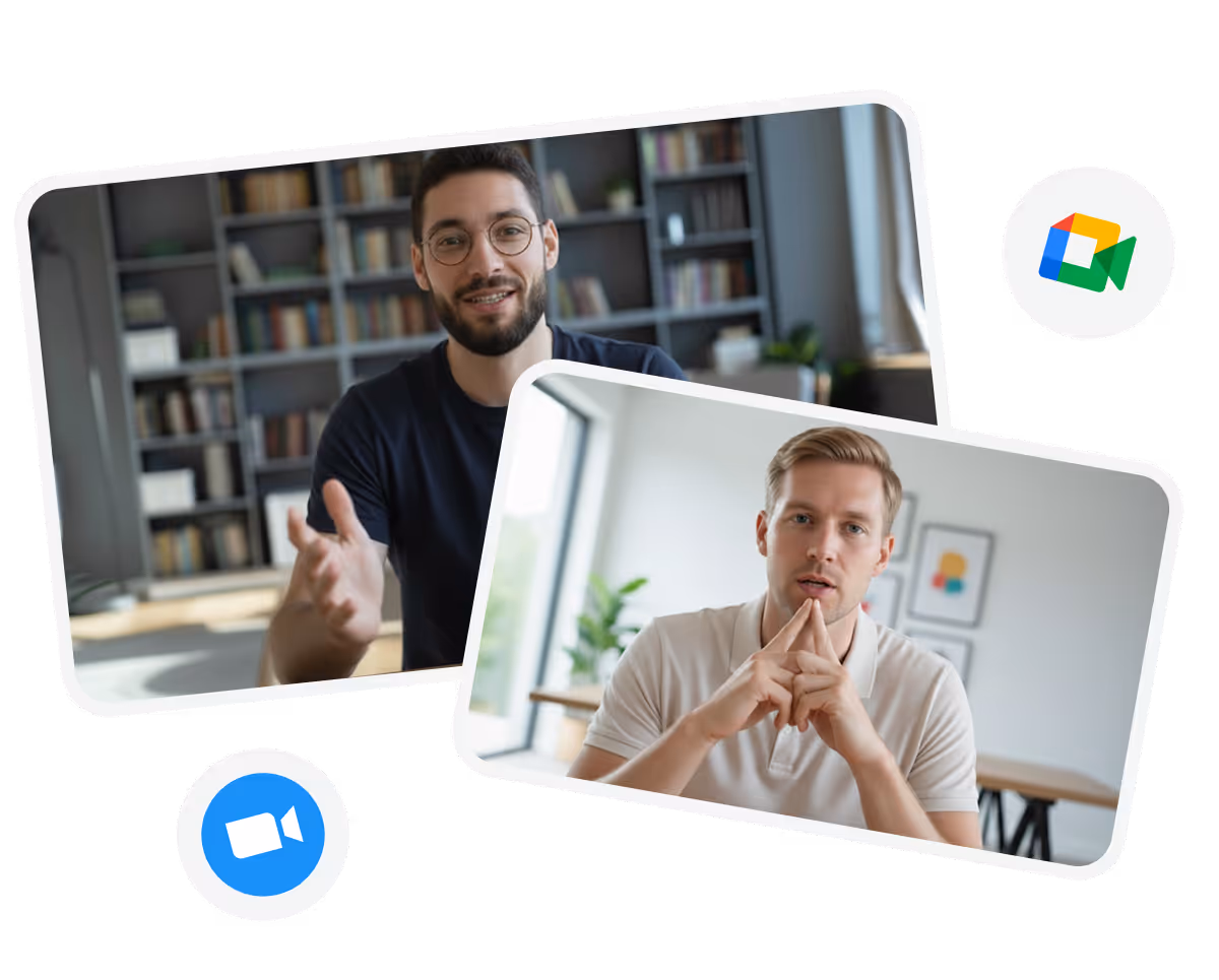 Deux hommes participent à une visioconférence dans des cadres lumineux avec des icônes d'applications de vidéoconférence.