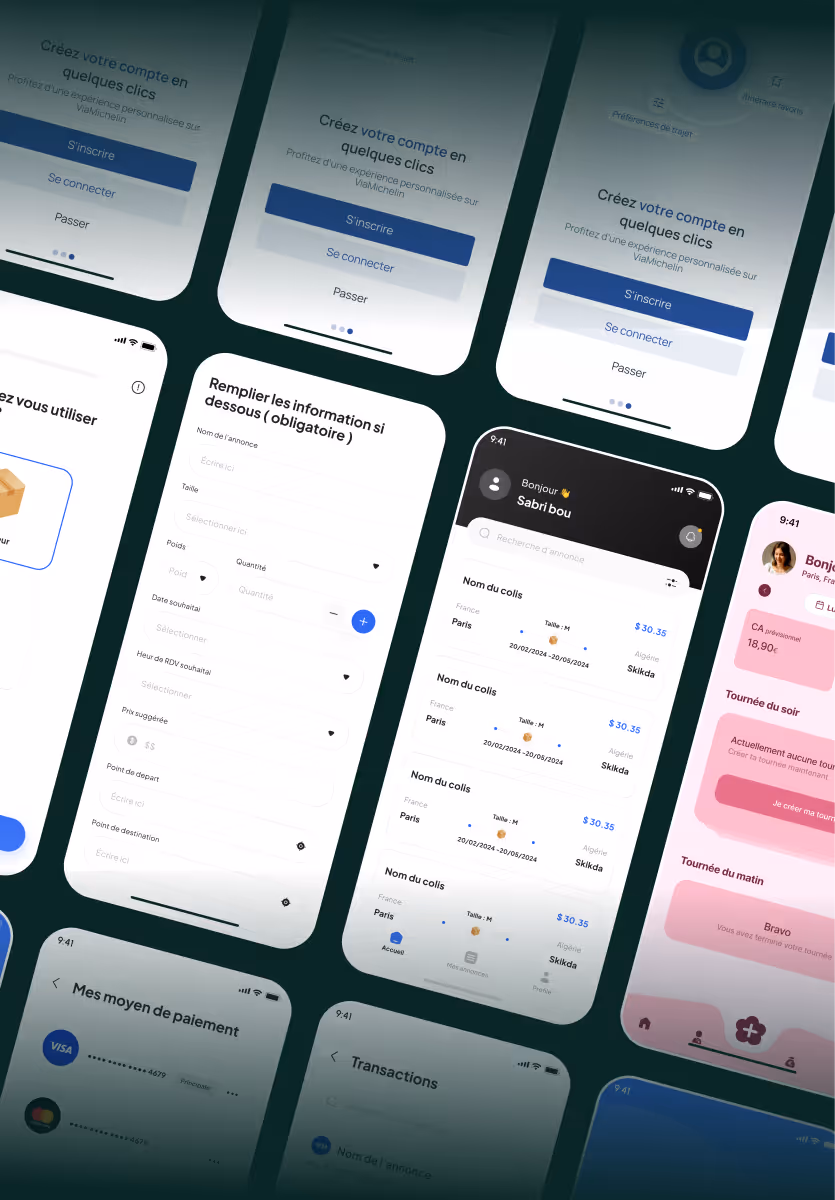 Vue en plongée d'écrans d'application mobile montrant des pages de connexion, formulaire de saisie, liste de colis avec prix, options de paiement et sections de tournée.