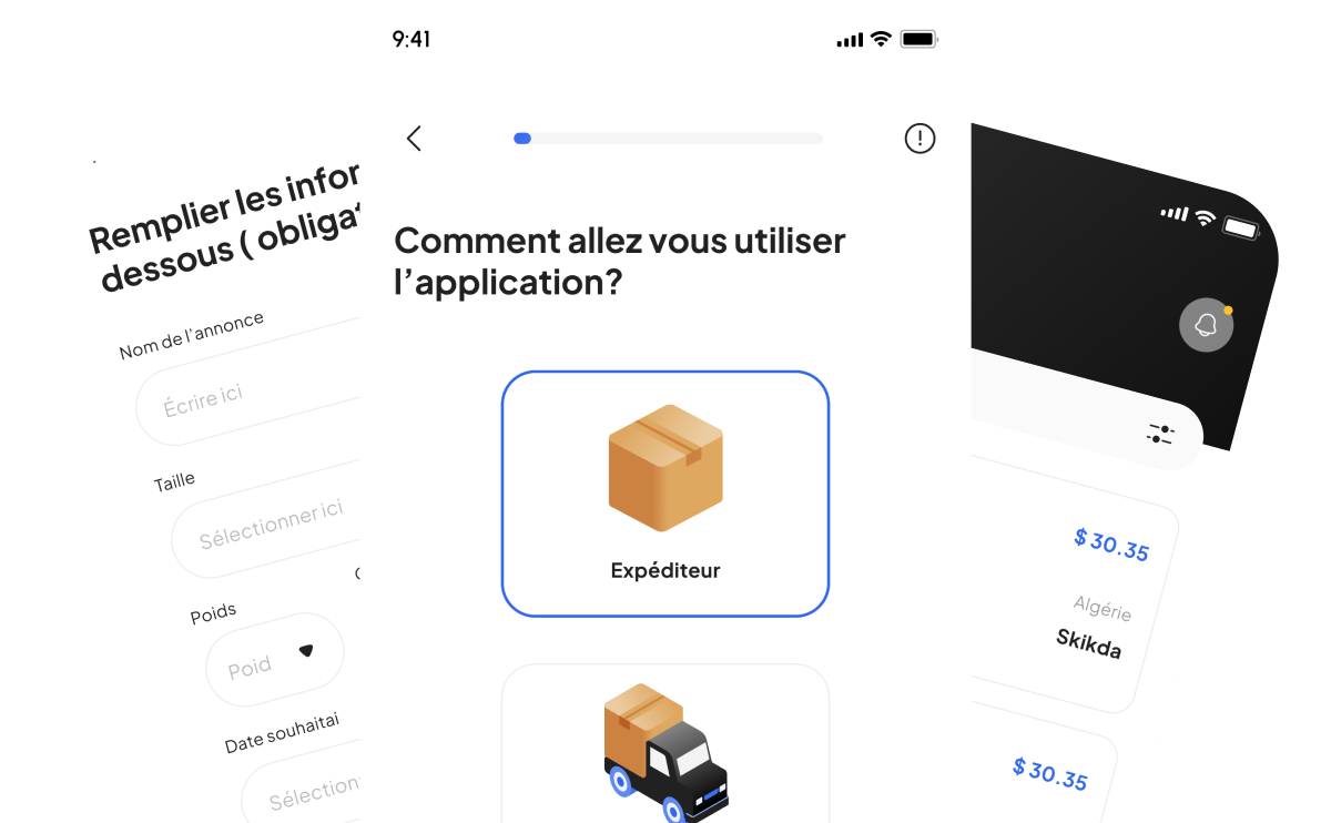 Écran d'illustration de l'application mobile Fybego