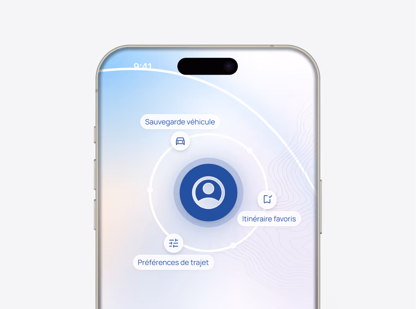 Écran de smartphone montrant un menu circulaire avec les options Sauvegarde véhicule, Itinéraire favoris, et Préférences de trajet.