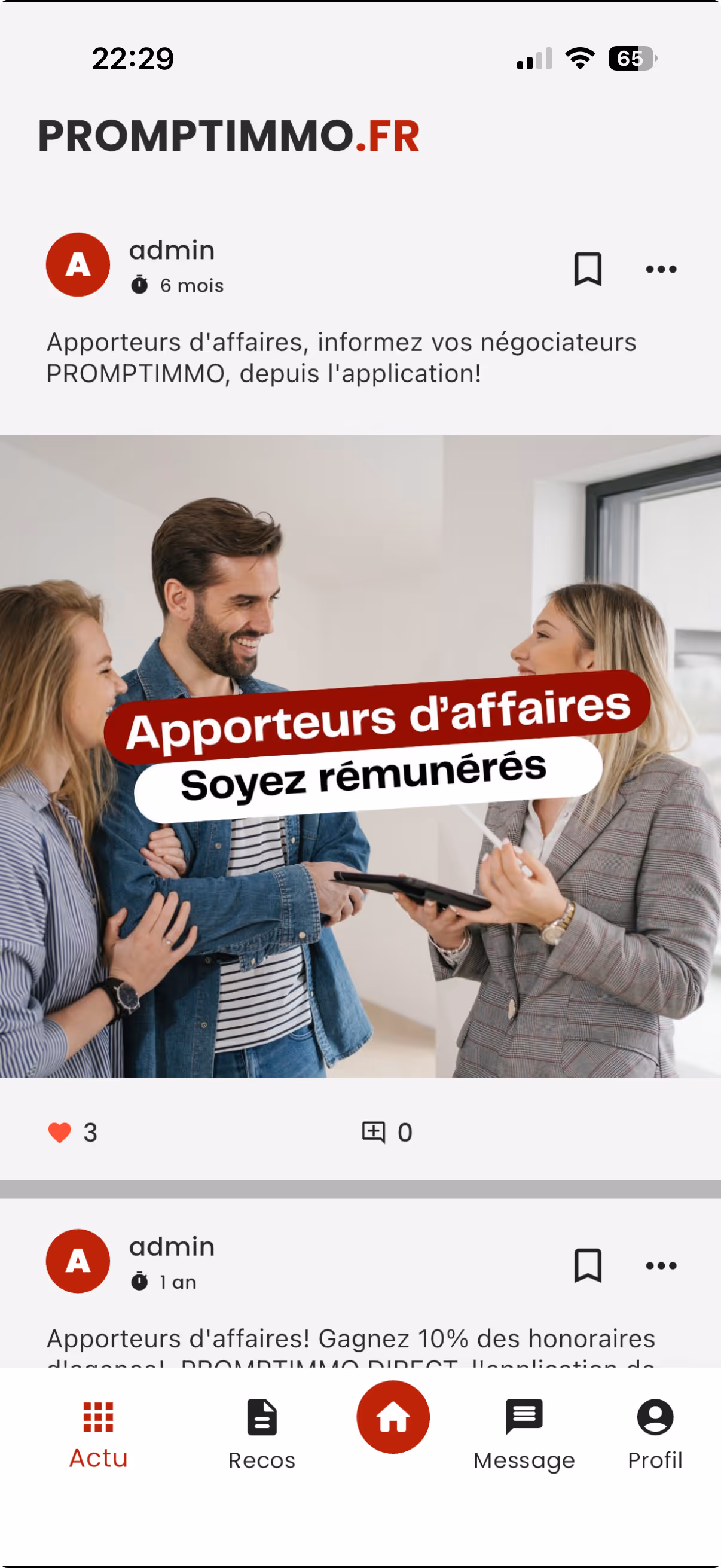 Capture d'écran d'une application PROMPTIMMO.FR montrant une annonce invitant les apporteurs d'affaires à informer les négociateurs via l'application, avec une image de trois personnes souriantes discutant.