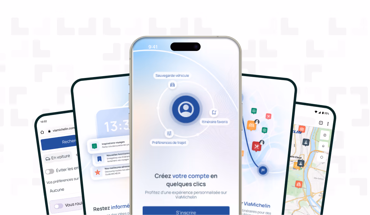 Écrans de smartphone montrant l'application ViaMichelin avec des fonctionnalités telles que sauvegarde véhicule, itinéraires favoris, préférences de trajet, navigation et cartes routières.