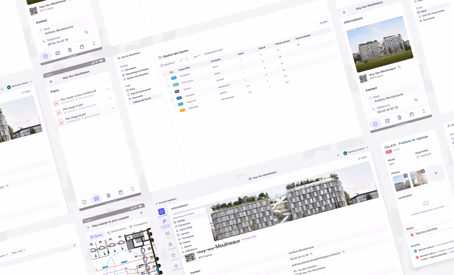 Vue d’ensemble d’une interface utilisateur pour la gestion immobilière affichant des plans d’étage, des détails de contact, des informations de propriété, des listes de catégories et des tableaux de données de gestion des locaux sur plusieurs écrans blancs organisés en arrière-plan clair.