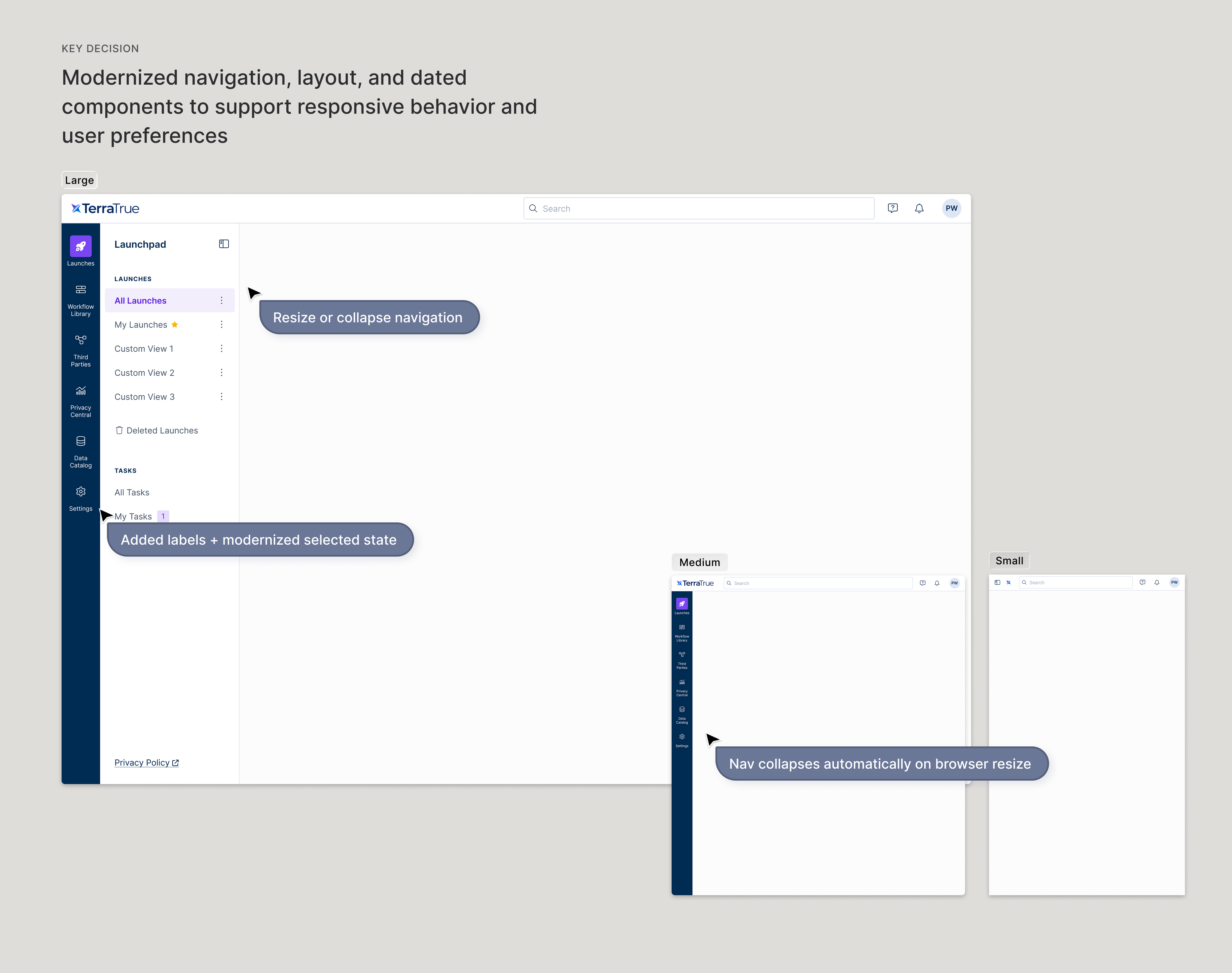 Key Decision: Modernized navigation, layout , and dated components to support responsive behavior and user preferences.