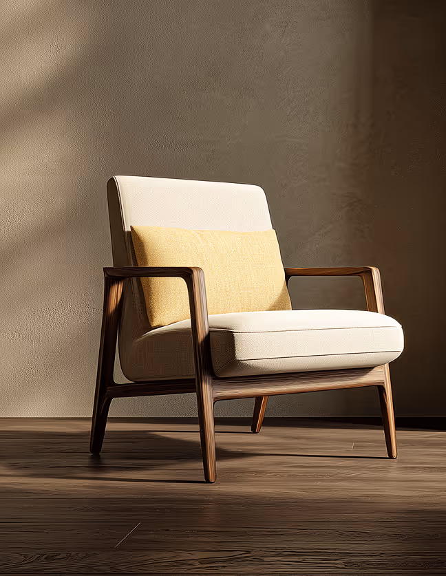 A single chair placed in a spacious sunlit room, showcasing elegant minimalism and the beauty of natural light in architectural design.