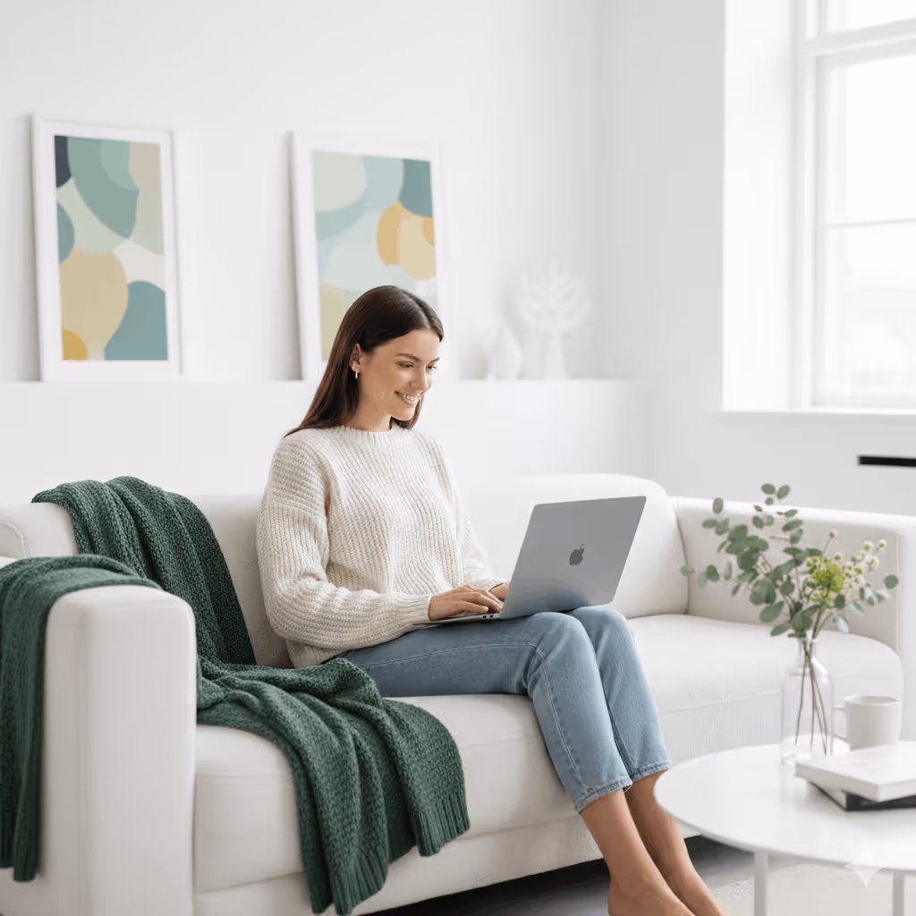 Smiling woman in a white sweater sitting on a white sofa working on a silver laptop in a bright living room.