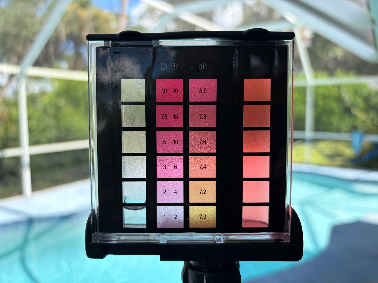 Testing pH in a residential swimming pool in North Port, Florida.
