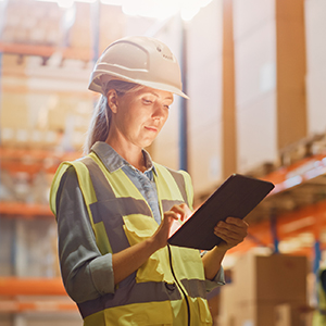 Female site worker with hard had and tablet