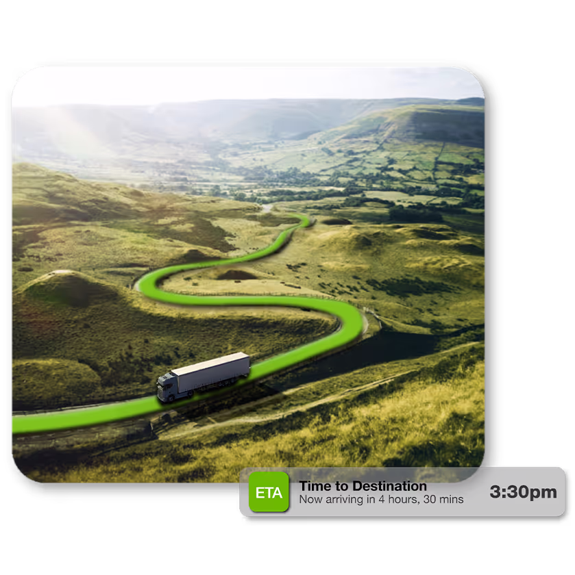 Truck driving along road with ETA graphic call out