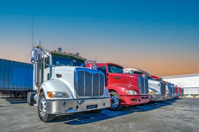 Different colour trucks lined up at a depot