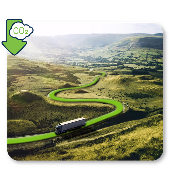 Truck driving on road with reduce carbon emissions arrow icon