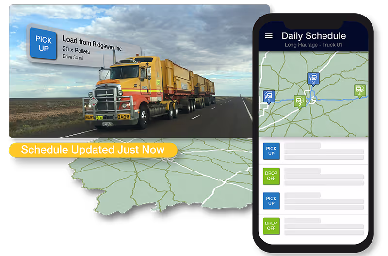 Graphic of truck on road and M2X software with live updates