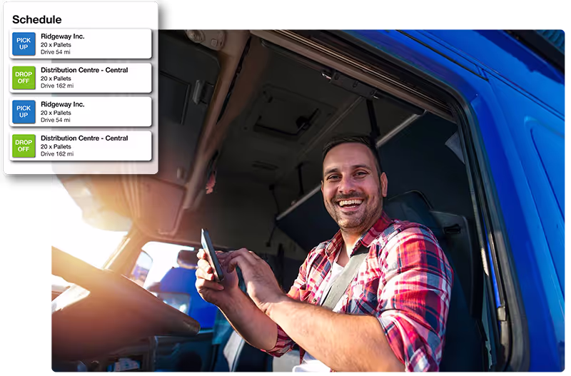 Driver in cab on tablet with digital driver schdule