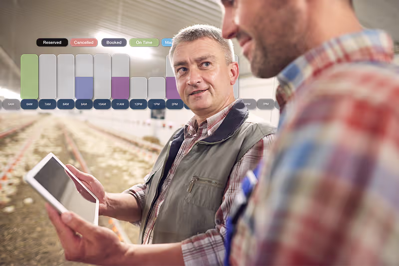 Two male workers looking at a tablet with booking slots graphic