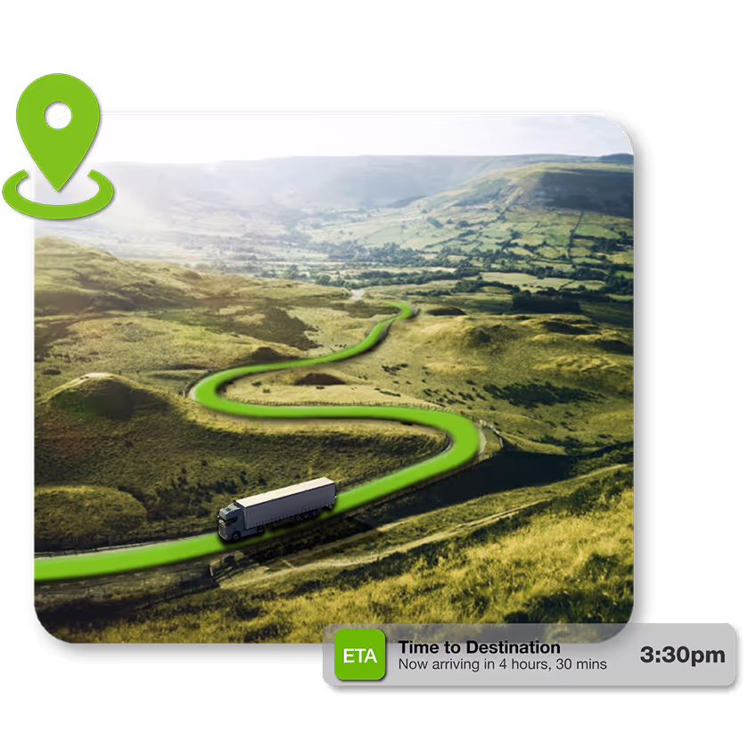 Truck driving on road with ETA notification graphic