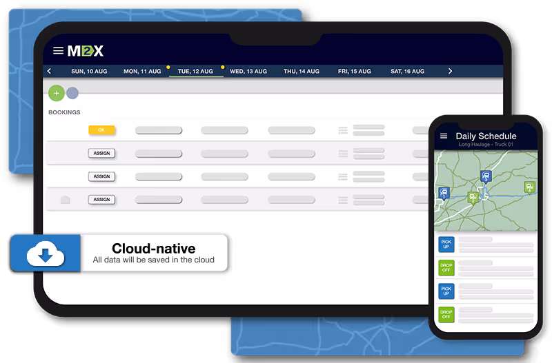 Graphic of M2X carrier TMS software and driver mobile app with cloud native call out