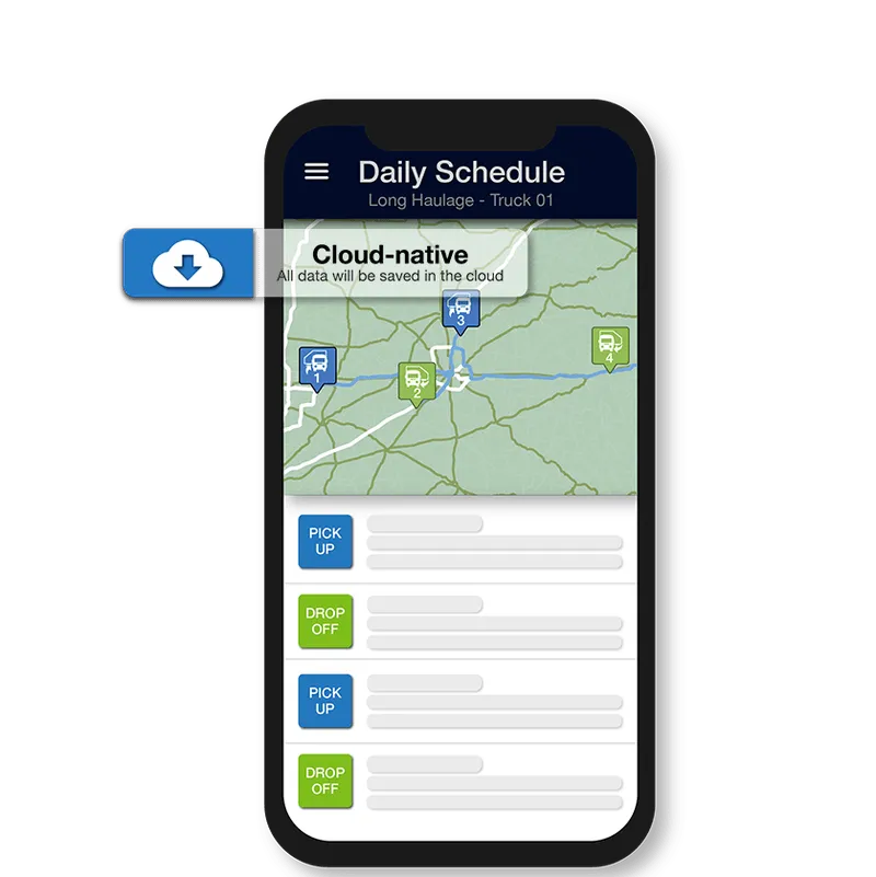 Graphic of M2X driver mobile app, with cloud native call out