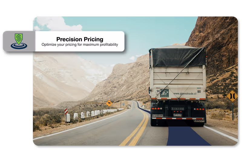 Truck driving along road with precision pricing graphic call out
