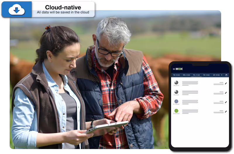 Two field agents stood together outside looking at a tablet, with cloud native graphic call out