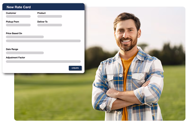 Man standing in a field with arms cross, with M2X rate card graphic 
