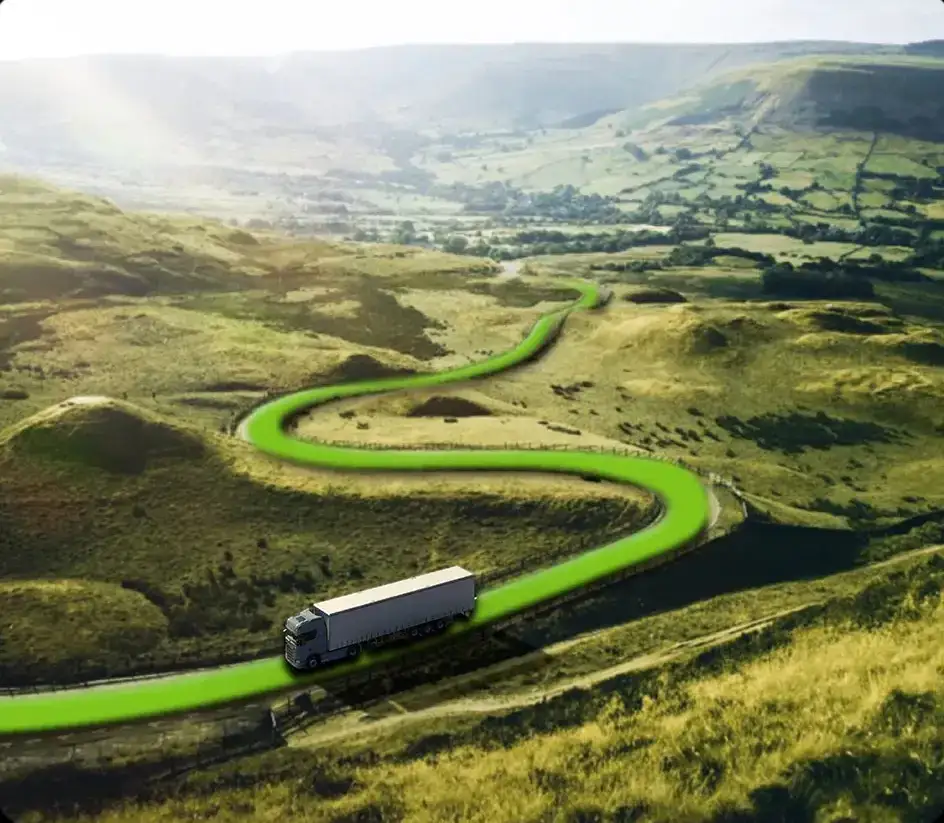 Truck driving on highway with route graphic