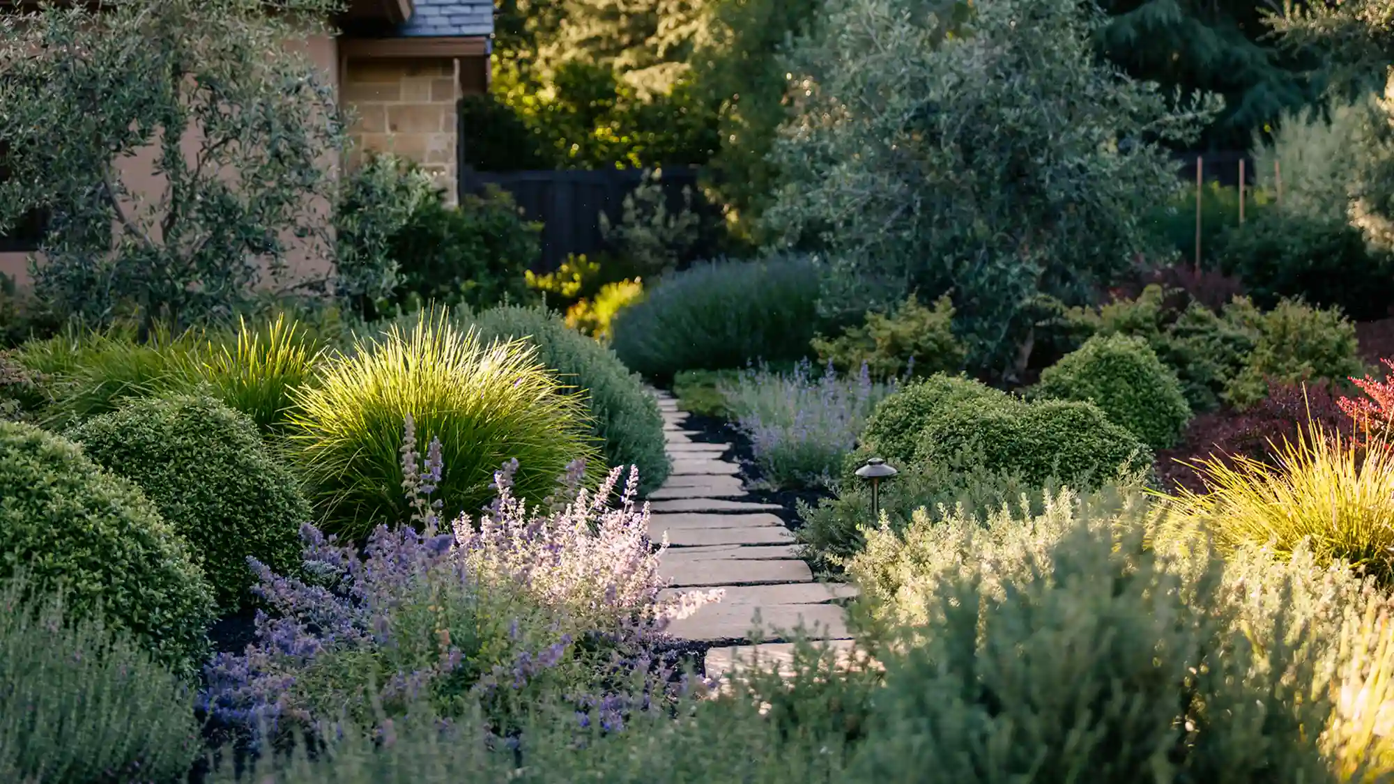 Stone pathway through lush garden with trimmed bushes, ornamental grasses, and flowering plants in sunlight.