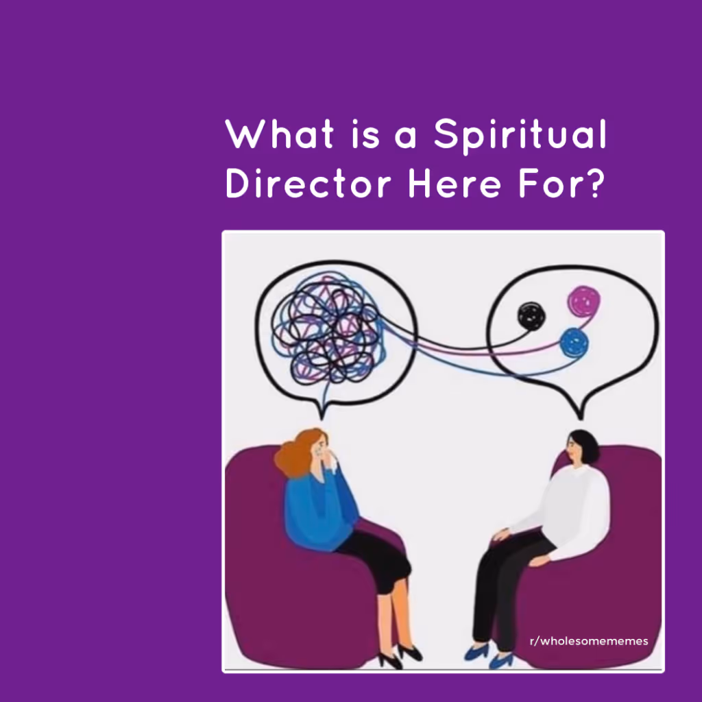 What is a Spiritual Director here for? Animated image of two women talking -- one whose thoughts look like a tangle of thread, the listener shaping the tangles into carefully wrapped balls of yarn