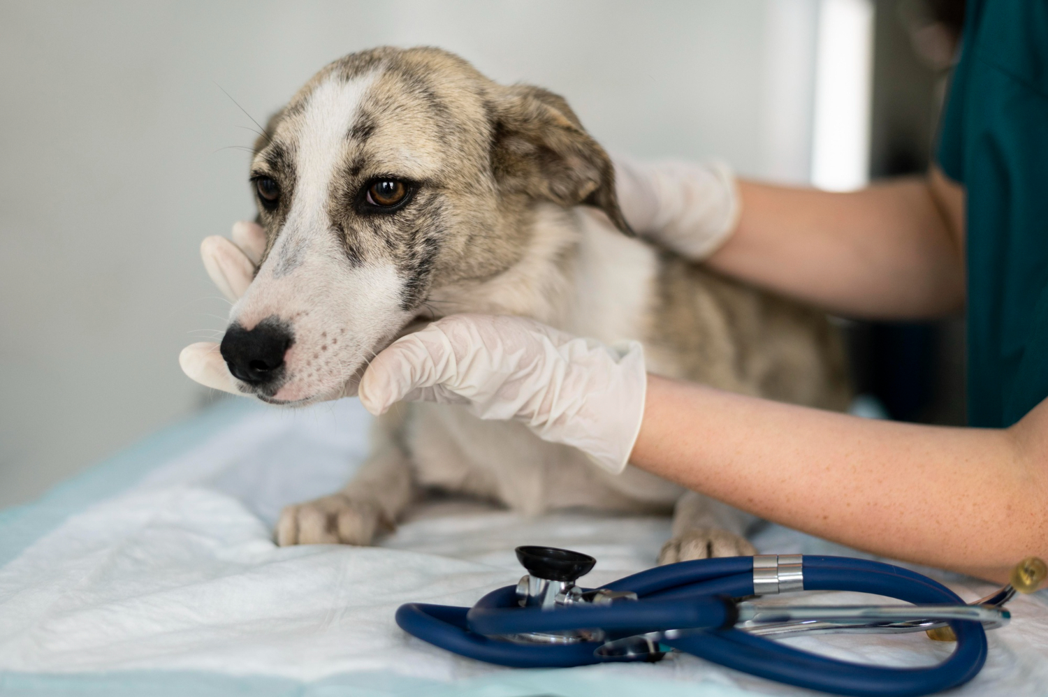 Friendly veterinarian performing a comprehensive exam on a dog or cat in a modern exam room