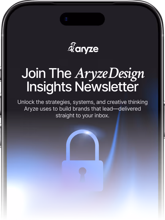 Smartphone screen showing an invitation to join the Aryze Design Insights Newsletter with a message about unlocking strategies for brand building, on a blue glowing background with a lock icon.
