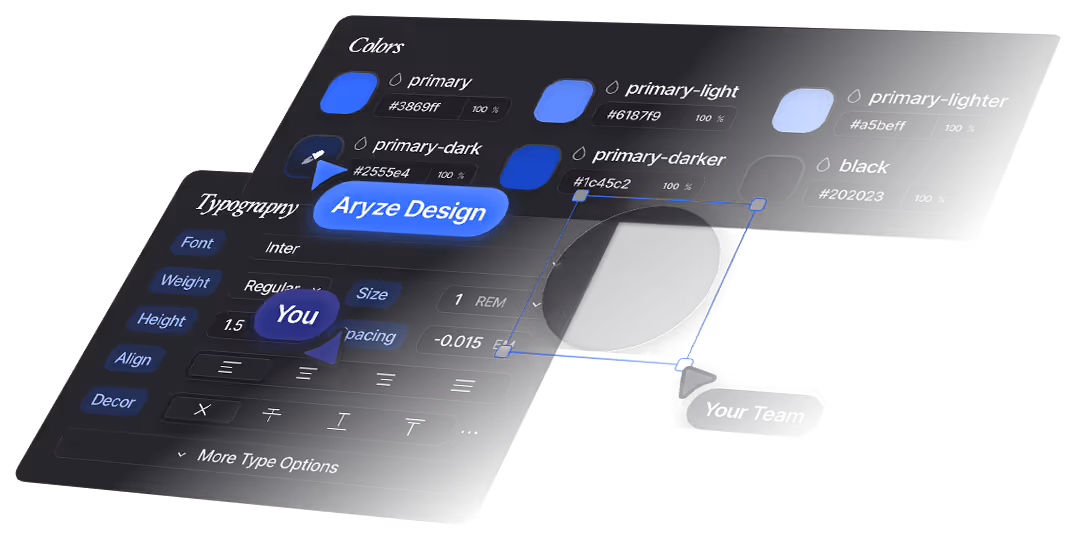 User interface of a design tool showing color palette with shades of blue and black and typography settings including font Inter, weight, size, spacing, alignment, and text decoration options.