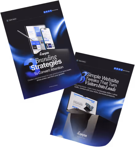 Two tilted promotional flyers with blue highlights; one titled 'Branding Strategies To Convert Attention' featuring a smartphone and tablet, the other titled 'Simple Website Tweaks That Turn Visitors Into Leads' showing a computer monitor and card.