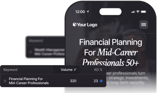 Mobile screen displaying a financial planning app for mid-career professionals aged 50 and above with keyword data overlay showing search volume and difficulty.