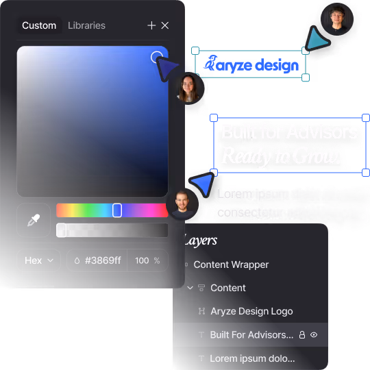 Interface showing color picker with blue gradient selected and text elements including 'Aryze design', 'Built for Advisors Ready to Grow', and placeholder text.